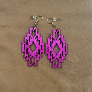 Aztec Wood Cutout Earrings- Fuchsia