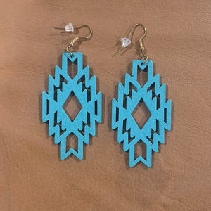 Aztec Wood Cutout Earrings- Turquoise